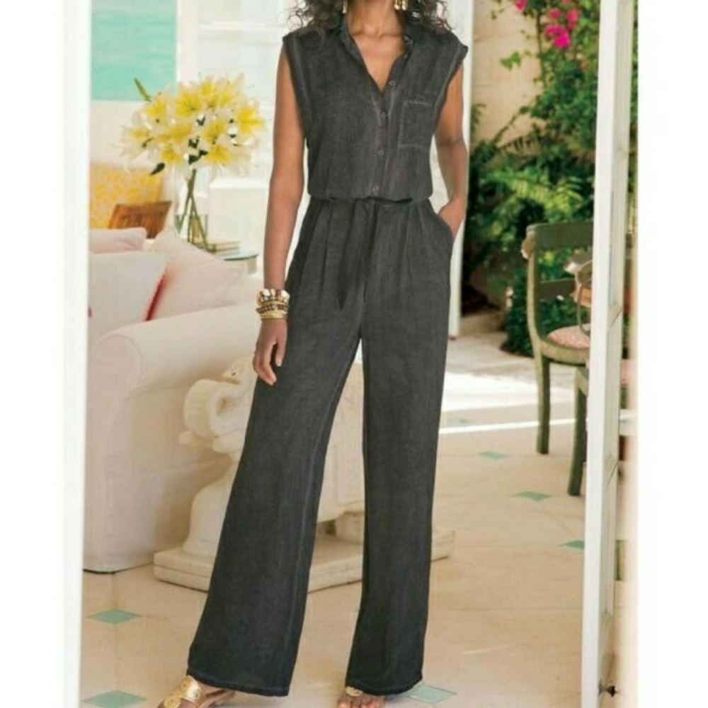 Soft Surroundings Camilla Jumpsuit Sleeveless Wide Leg Gray Small